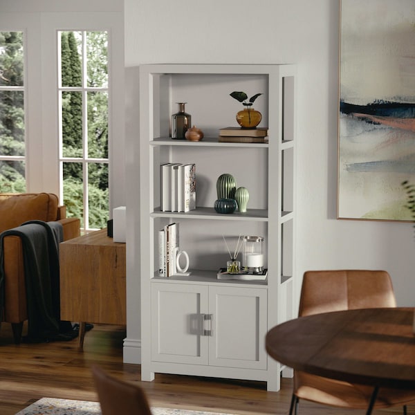 Martha Stewart Hutton Four Tier Shaker Style Bookcase with Storage Cabinet in Gray with Brushed Nickel Hardware - ZG-053-GY-MS
