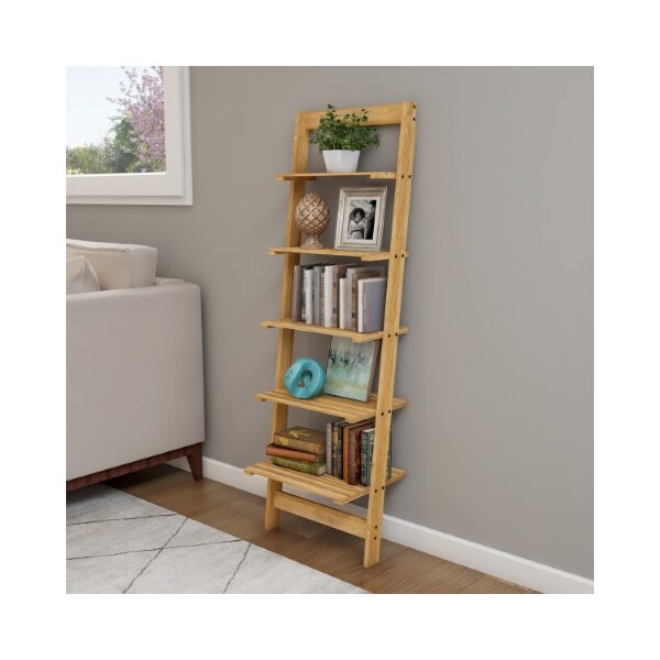 Hastings Home Hastings Home Ladder Bookshelf- 5 Shelves, Leaning Multi-Functional Bookcase in Pickled Oak - 511439BNO