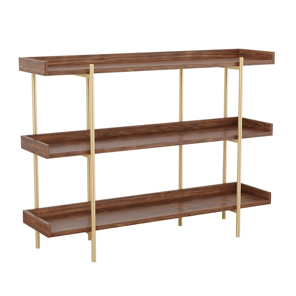Martha Stewart Emmett 3 Shelf 35in.H Storage Display Unit Bookcase w/Polished Brss Metal Frame in Walnut Wood Grain - JN-2542B3-BR-GLD-MS