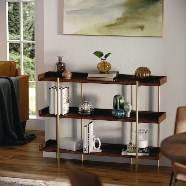 Martha Stewart Emmett 3 Shelf 35in.H Storage Display Unit Bookcase w/Polished Brss Metal Frame in Walnut Wood Grain - JN-2542B3-BR-GLD-MS