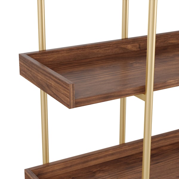 Martha Stewart Emmett 3 Shelf 35in.H Storage Display Unit Bookcase w/Polished Brss Metal Frame in Walnut Wood Grain - JN-2542B3-BR-GLD-MS