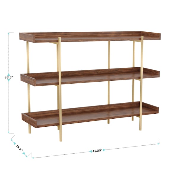 Martha Stewart Emmett 3 Shelf 35in.H Storage Display Unit Bookcase w/Polished Brss Metal Frame in Walnut Wood Grain - JN-2542B3-BR-GLD-MS