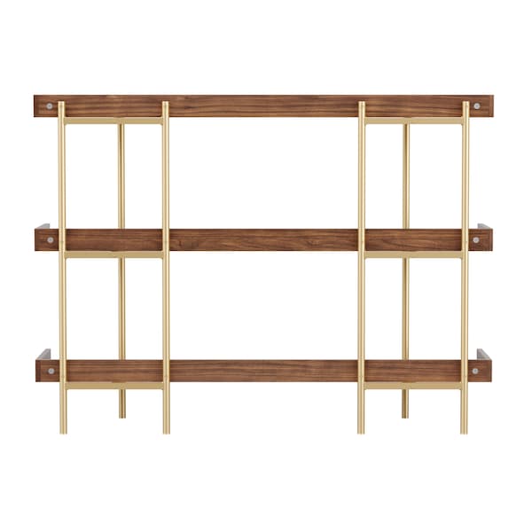 Martha Stewart Emmett 3 Shelf 35in.H Storage Display Unit Bookcase w/Polished Brss Metal Frame in Walnut Wood Grain - JN-2542B3-BR-GLD-MS