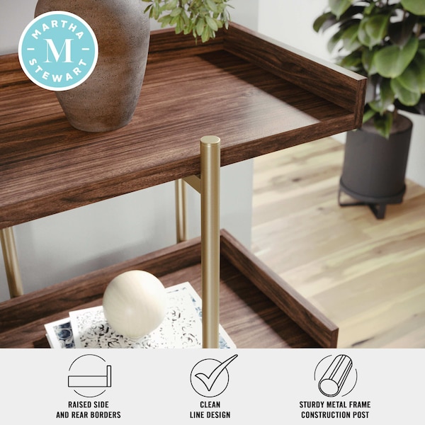 Martha Stewart Emmett 3 Shelf 35in.H Storage Display Unit Bookcase w/Polished Brss Metal Frame in Walnut Wood Grain - JN-2542B3-BR-GLD-MS