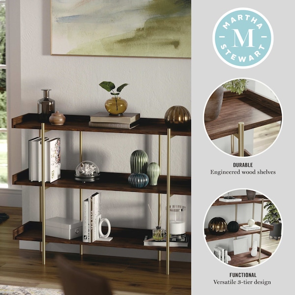 Martha Stewart Emmett 3 Shelf 35in.H Storage Display Unit Bookcase w/Polished Brss Metal Frame in Walnut Wood Grain - JN-2542B3-BR-GLD-MS