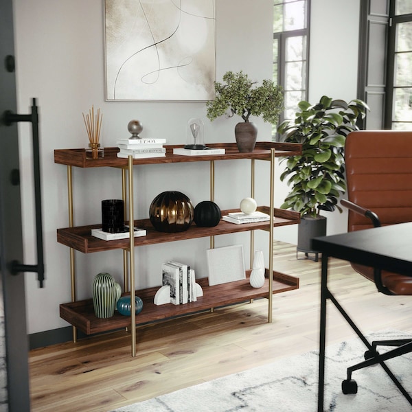 Martha Stewart Emmett 3 Shelf 35in.H Storage Display Unit Bookcase w/Polished Brss Metal Frame in Walnut Wood Grain - JN-2542B3-BR-GLD-MS