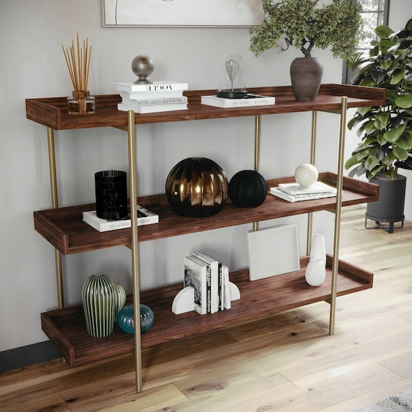 Martha Stewart Emmett 3 Shelf 35in.H Storage Display Unit Bookcase w/Polished Brss Metal Frame in Walnut Wood Grain - JN-2542B3-BR-GLD-MS