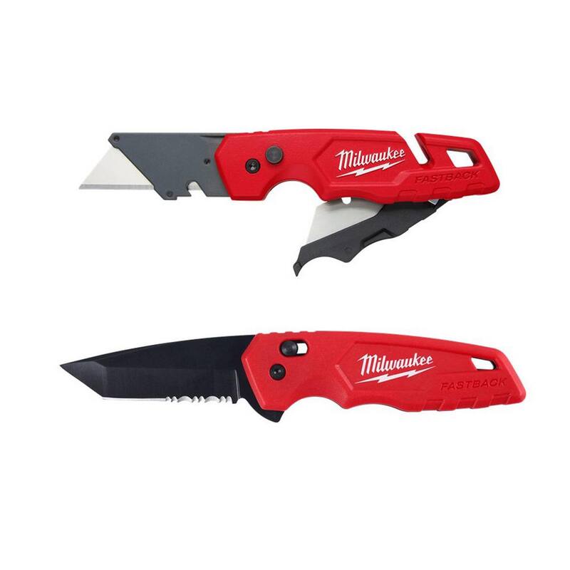 Milwaukee FASTBACK 1 in. Folding Utility Knife w/Blade Storage & FASTBACK Stainless Steel Spring Assisted Folding Knife (2-Pack) - 48-22-1502-48-22-1530