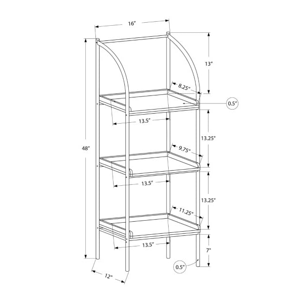 Monarch Specialties Bookshelf, Bookcase, Etagere, Corner, 3 Tier, 48"H, Office, Bedroom, Metal, Laminate, Brown, Black - I 7228
