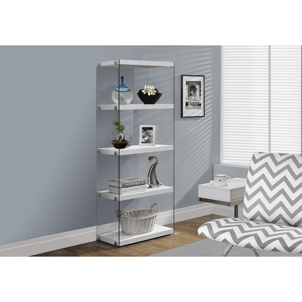 Monarch Specialties Bookshelf, Bookcase, Etagere, 5 Tier, 60"H, Office, Bedroom, Tempered Glass, Glossy White, Clear - I 3289