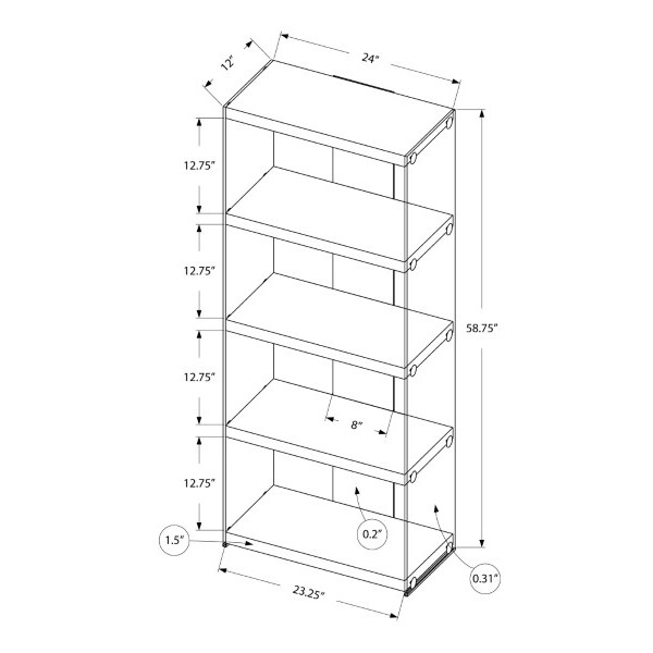 Monarch Specialties Bookshelf, Bookcase, Etagere, 5 Tier, 60"H, Office, Bedroom, Tempered Glass, Glossy White, Clear - I 3289