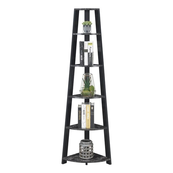 Convenience Concepts Newport 5 Tier Corner Bookshelf, Black Faux Marble & Black - HI3362109
