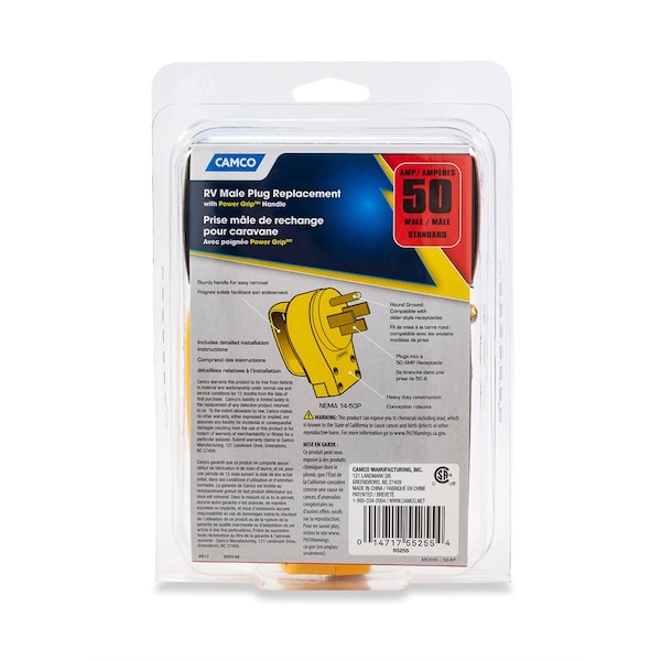 Camco 50AMP POWERGRIP REPL MALE PLUG 125-250V/12500W, CLAM, CCSAUS - 55255
