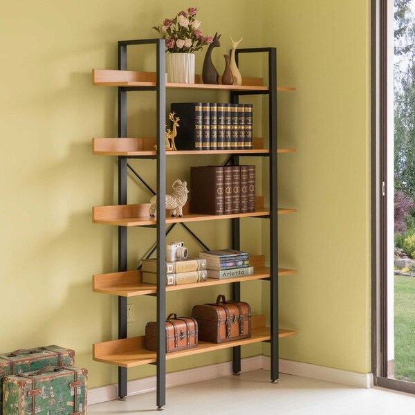 Fabulaxe Industrial 5 Shelf Wood and Metal Etagere Rustic Bookcase Free Standing Bookshelf - QI003995.L