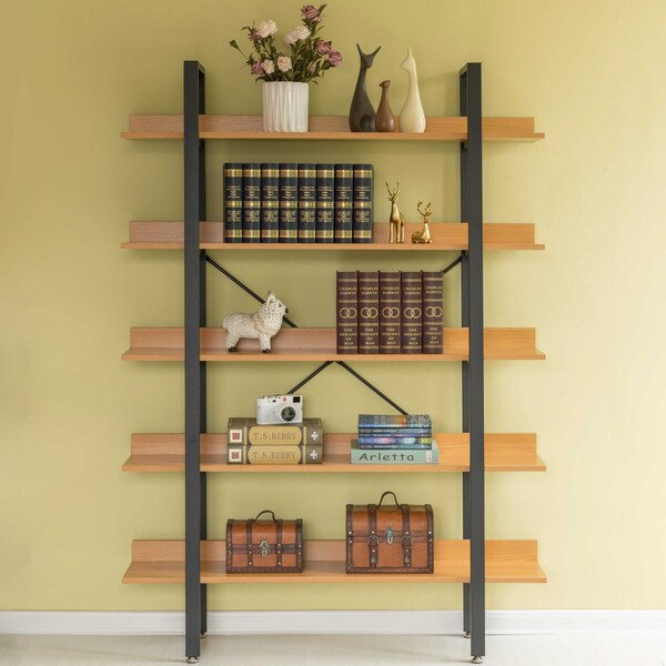 Fabulaxe Industrial 5 Shelf Wood and Metal Etagere Rustic Bookcase Free Standing Bookshelf - QI003995.L