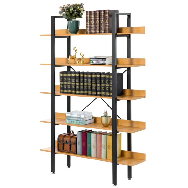 Fabulaxe Industrial 5 Shelf Wood and Metal Etagere Rustic Bookcase Free Standing Bookshelf - QI003995.L