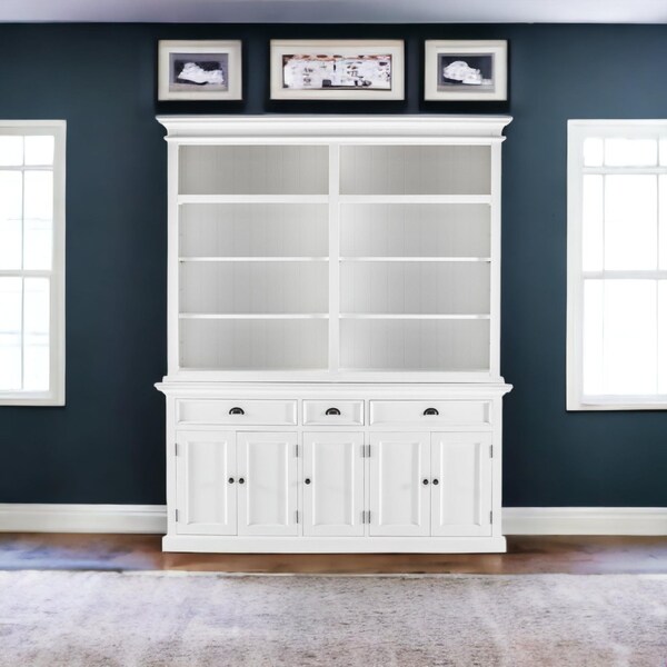 Homeroots 86.61 x 70.87 x 19.69 in. Classic White Hutch Bookcase with 5 Doors & 3 Drawers - 397120