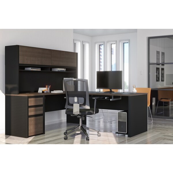 Bestar Connexion L-Shaped Workstation with hutch, Antigua/Black - 93859-000052