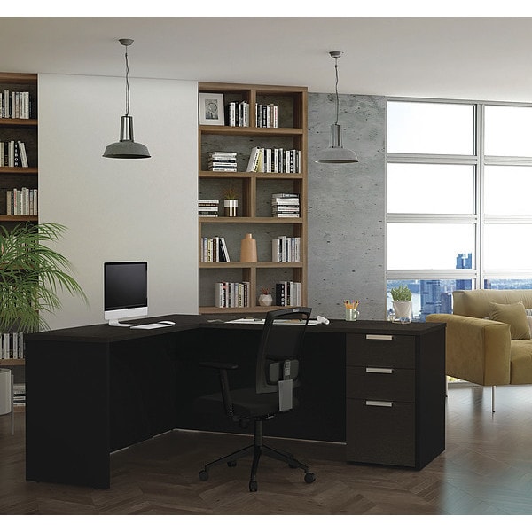 Bestar L Shaped Desk L-Shape Desk, 62-29/32" D X 29.7" H, 71.1" W X Melamine, Deep Gray/Black - 110885-32