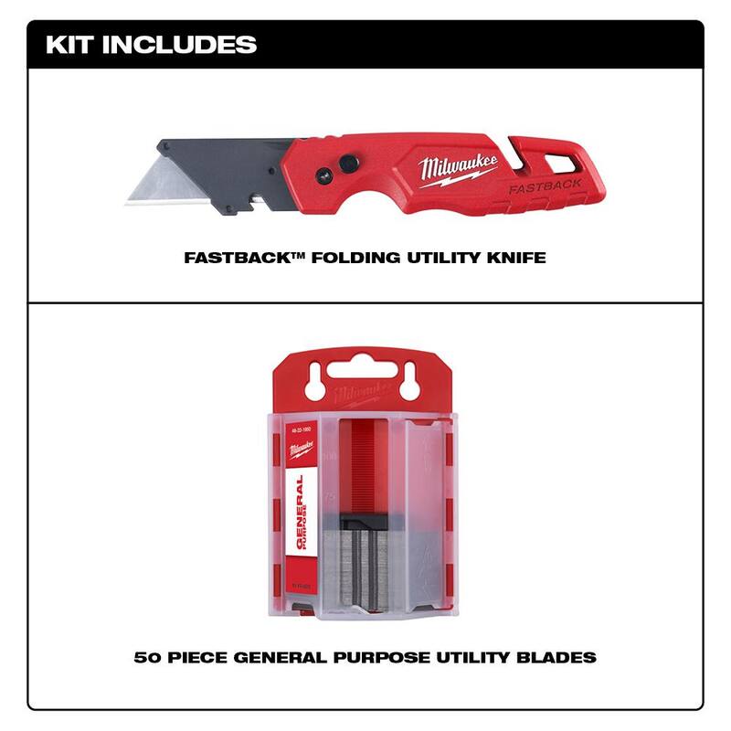Milwaukee FASTBACK Folding Utility Knife with Blade Storage and 50-Pack General Purpose Utility Blade Set w/6-in-1 Wire Pliers - 48-22-1504-48-22-3079