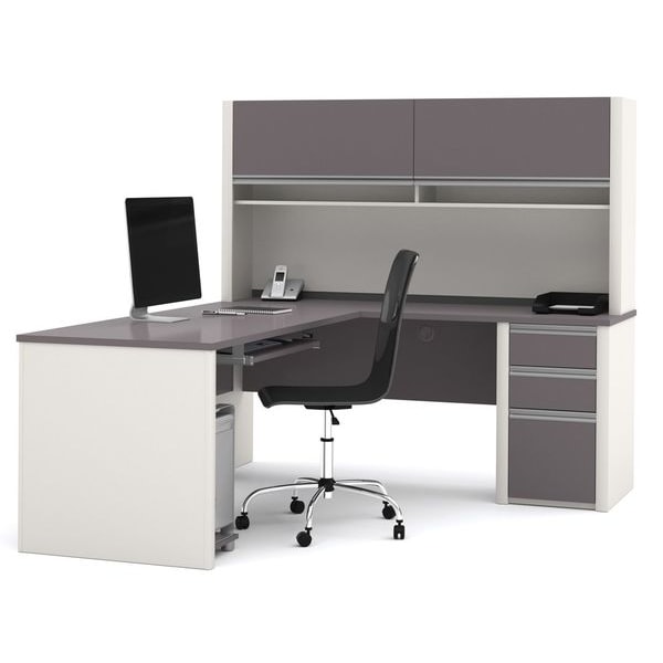Bestar L Shaped Desk L-Shape Workstation, 82.9" D X 65.9" H, 71.1" W X Melamine, Slate/Sandstone - 93859-59