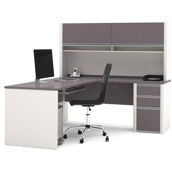 Bestar L Shaped Desk L-Shape Workstation, 82.9" D X 65.9" H, 71.1" W X Melamine, Slate/Sandstone - 93859-59