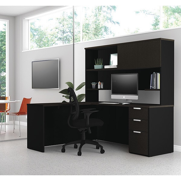Bestar L Shaped Desk L-Desk, Hutch, Deep Grey/Black, 62.9" D X 70.1" H, 71.1" W X Melamine, Deep Gray/Black - 110886-32
