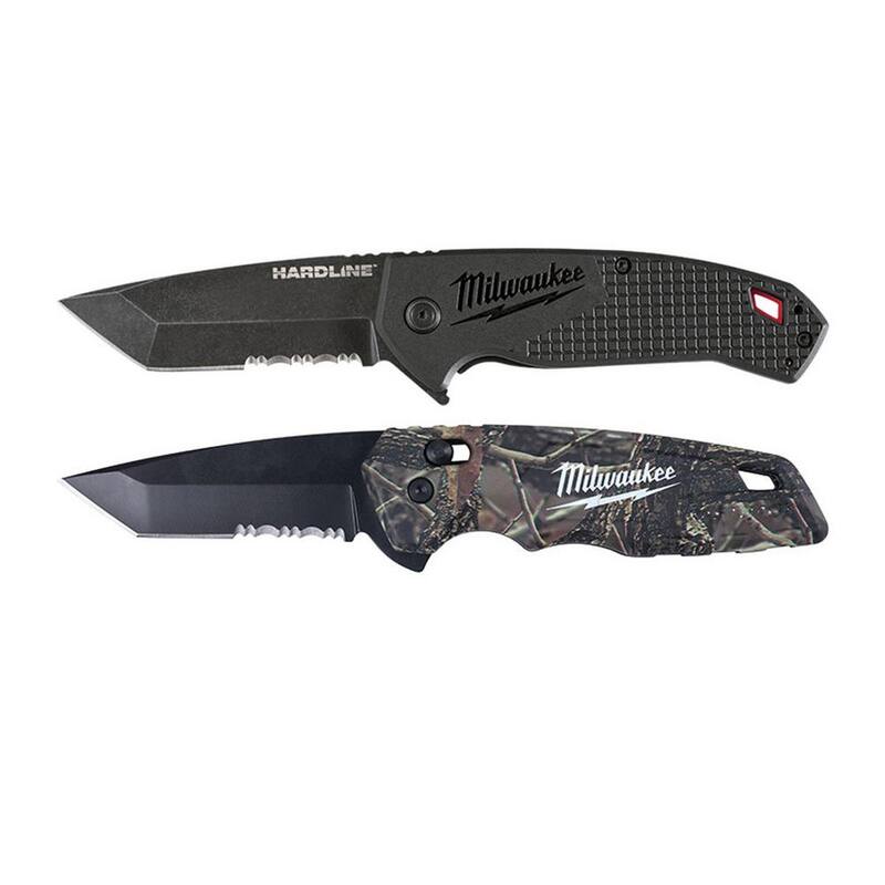 Milwaukee 3 in. Hardline D2 Steel Serrated Blade Pocket Folding Knife& FASTBACK Camo Stainless Steel Spring Assisted Folding Knife - 48-22-1998-48-22-1535