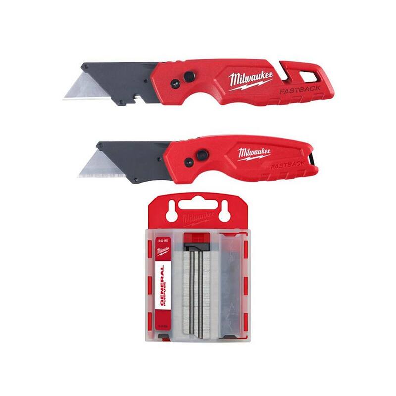Milwaukee FASTBACK Folding Utility Knife and Compact Folding Utility Knife with General Purpose Utility Blades and Dispenser - 48-22-1503-48-22-1900
