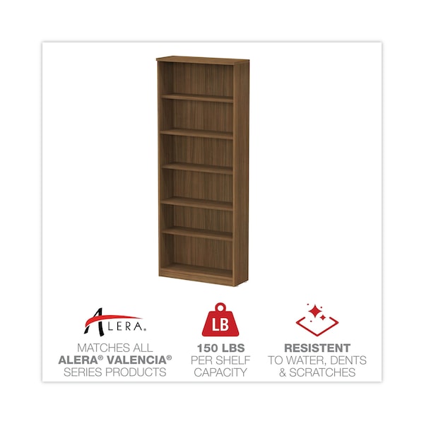 Alera Alera Valencia Bookcase, 6-Shelf, 31 3/4w x 14d x 80 3/8h, Mod Walnut - ALEVA638232WA