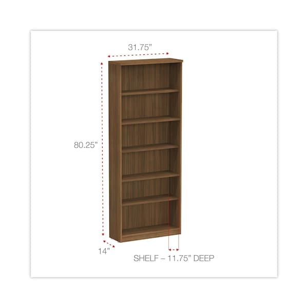 Alera Alera Valencia Bookcase, 6-Shelf, 31 3/4w x 14d x 80 3/8h, Mod Walnut - ALEVA638232WA