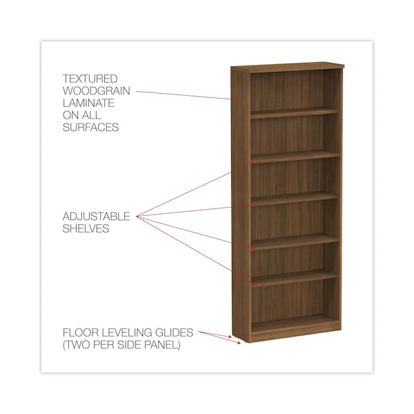 Alera Alera Valencia Bookcase, 6-Shelf, 31 3/4w x 14d x 80 3/8h, Mod Walnut - ALEVA638232WA
