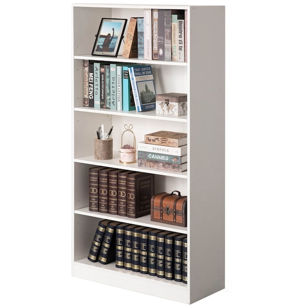 Basicwise Freestanding Wooden Display Bookshelf, Floor Standing Bookcase, with 5 Open Display Shelves, White - QI004621.WT