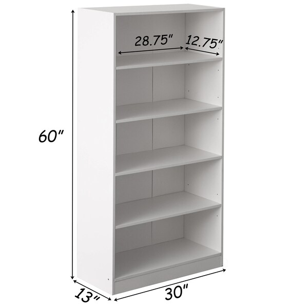 Basicwise Freestanding Wooden Display Bookshelf, Floor Standing Bookcase, with 5 Open Display Shelves, White - QI004621.WT
