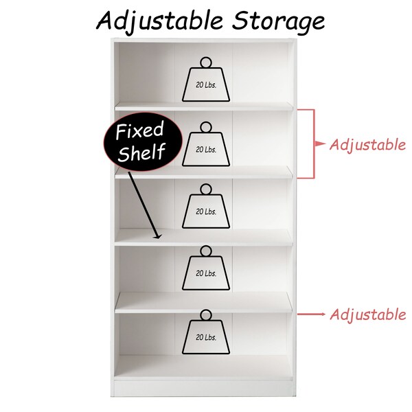 Basicwise Freestanding Wooden Display Bookshelf, Floor Standing Bookcase, with 5 Open Display Shelves, White - QI004621.WT