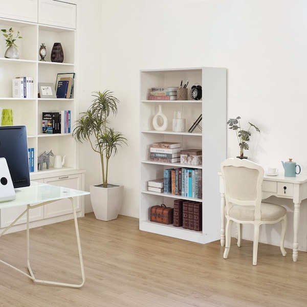 Basicwise Freestanding Wooden Display Bookshelf, Floor Standing Bookcase, with 5 Open Display Shelves, White - QI004621.WT