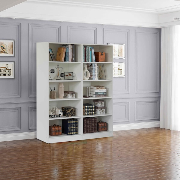 Basicwise Freestanding Wooden Display Bookshelf, Floor Standing Bookcase, with 5 Open Display Shelves, White - QI004621.WT
