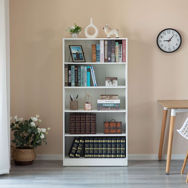Basicwise Freestanding Wooden Display Bookshelf, Floor Standing Bookcase, with 5 Open Display Shelves, White - QI004621.WT