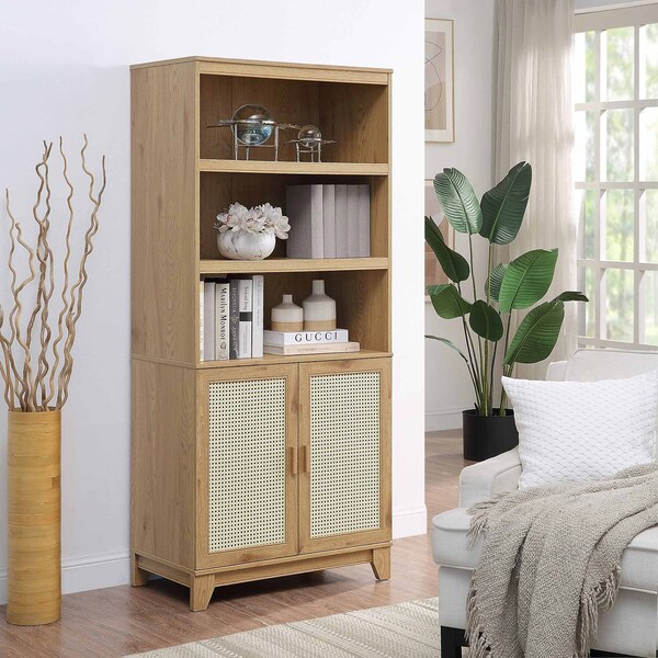 Manhattan Comfort Sheridan Modern Cane Bookcase with Adjustable Shelves in Nature - BC-6GLF-NA