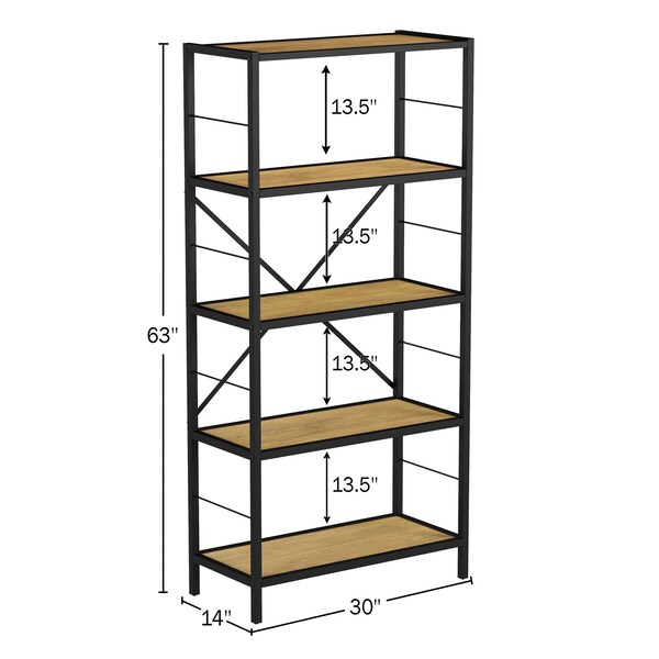 Hastings Home 5-Tier Open Style Bookshelf, Oak - 383733ZXG