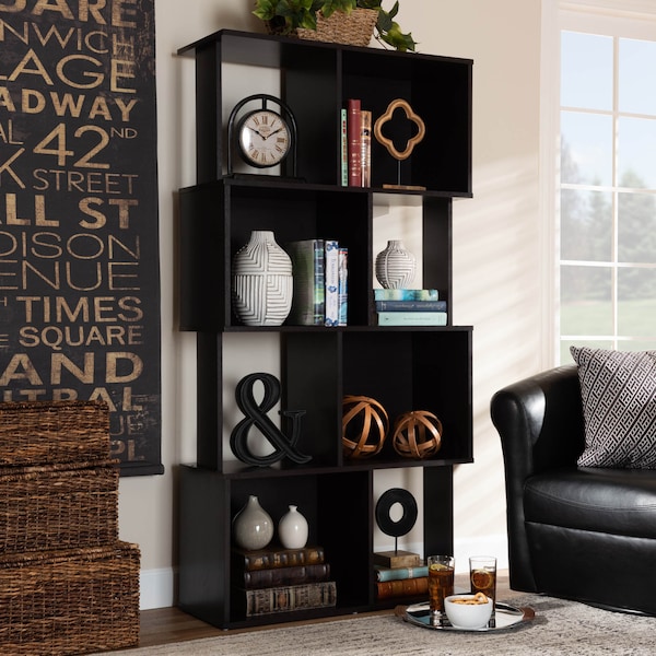 Baxton Studio Riva Dark Brown Finished Geometric Wood Bookshelf - 159-9866