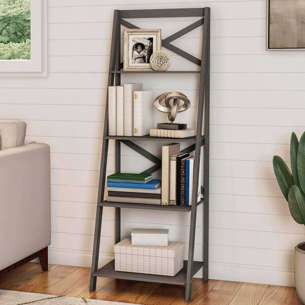 Hastings Home Ladder Bookcase X Back Frame, Gray - 293143VKF