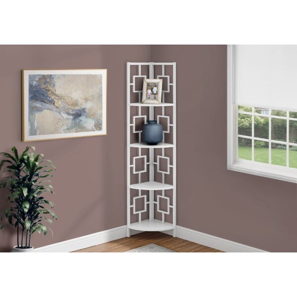 Monarch Specialties Bookshelf, Bookcase, Etagere, Corner, 4 Tier, 62"H, Office, Bedroom, Metal, Laminate, White - I 3613