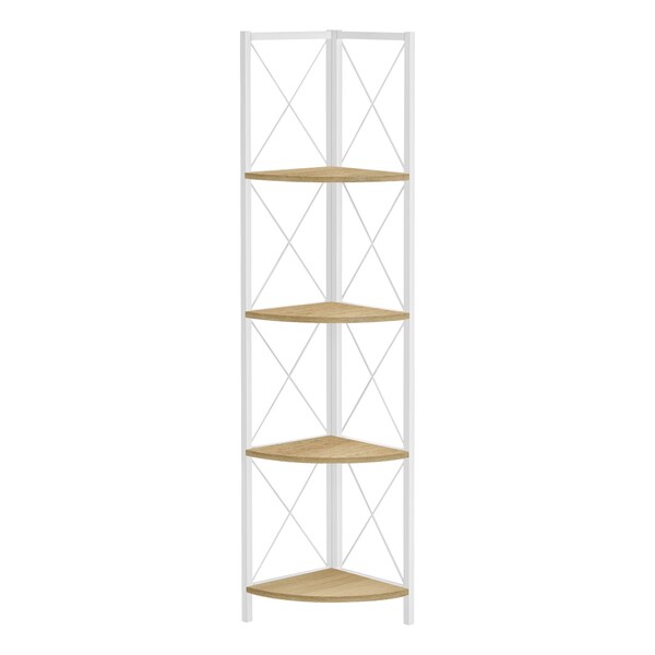 Monarch Specialties Bookshelf, Bookcase, Etagere, Corner, 4 Tier, 60"H, Office, Bedroom, Metal, Laminate, Natural, White - I 3652