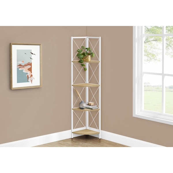 Monarch Specialties Bookshelf, Bookcase, Etagere, Corner, 4 Tier, 60"H, Office, Bedroom, Metal, Laminate, Natural, White - I 3652