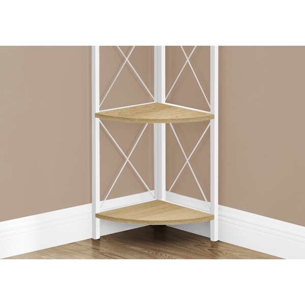 Monarch Specialties Bookshelf, Bookcase, Etagere, Corner, 4 Tier, 60"H, Office, Bedroom, Metal, Laminate, Natural, White - I 3652