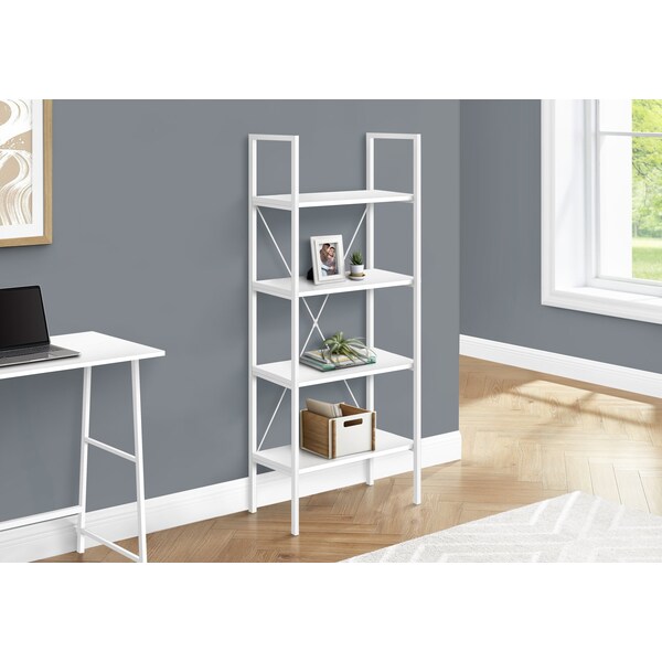 Monarch Specialties Bookshelf, Bookcase, 4 Tier, 48 in.H, Office, Bedroom, White Laminate, White Metal, Contemporary - I 7801