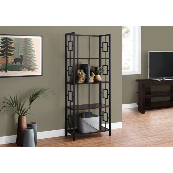 Monarch Specialties Bookshelf, Bookcase, Etagere, 4 Tier, 62"H, Office, Bedroom, Metal, Laminate, Brown, Black - I 3617