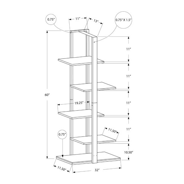 Monarch Specialties Bookshelf, Bookcase, Etagere, 5 Tier, 60"H, Office, Bedroom, Metal, Laminate, White, Grey - I 7233