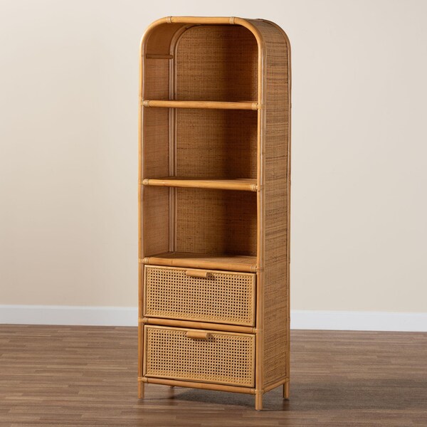 Bali & Pari Curacao Modern Bohemian Light Honey Rattan 2-Drawer Bookcase - 243-13570-ZORO
